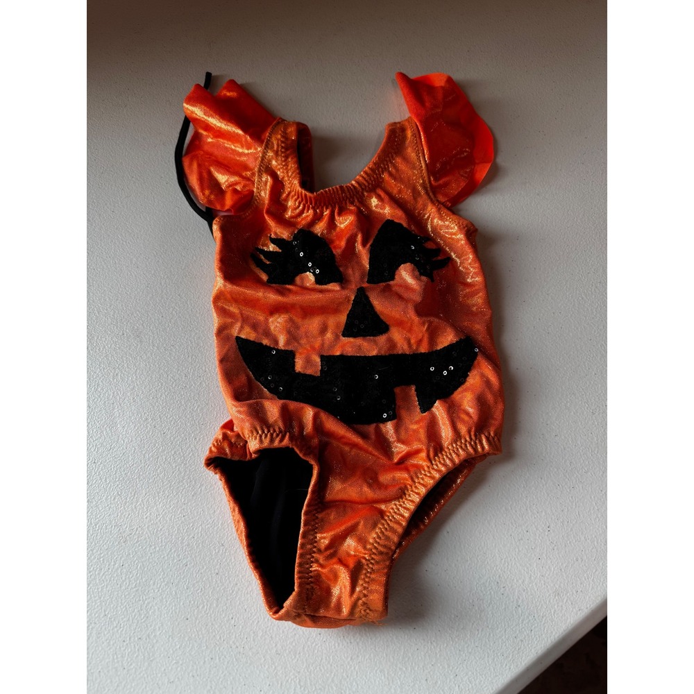 Katie Kat Designs Girls Orange Metallic Sequin Pumpkin Leotard Halloween Ruffle